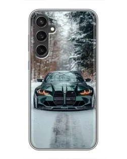 Чехол для Samsung Galaxy S23 с картинкой «BMW в зимнем лесу»