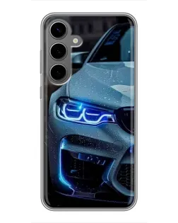Чехол для Samsung Galaxy S24 Plus с картинкой «Взгляд BMW с синими фарами»