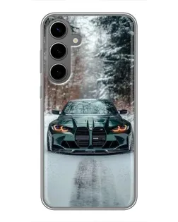 Чехол для Samsung Galaxy S24 Plus с картинкой «BMW в зимнем лесу»