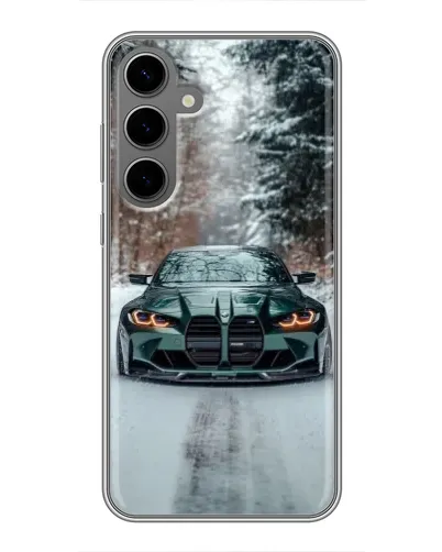 Чехол для Samsung Galaxy S24 Plus с картинкой «BMW в зимнем лесу»
