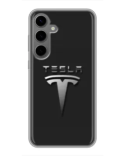 Чехол для Samsung Galaxy S24 Plus с картинкой «Стальной логотип Tesla»