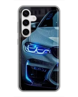 Чехол для Samsung Galaxy S24 с картинкой «Взгляд BMW с синими фарами»
