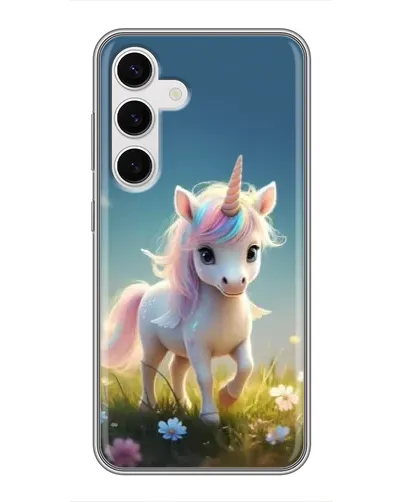 Чехол для Samsung Galaxy S24 с картинкой «Единорог на поляне»
