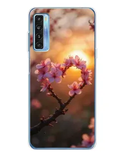 Чохол для TCL 20L Plus з картинкою «Рожевий цвіт  сердечко на тлі заходу»