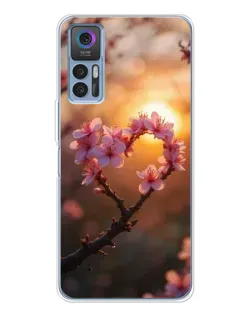 Чохол для TCL 30 Plus з картинкою «Рожевий цвіт  сердечко на тлі заходу»