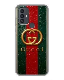 Чехол для TCL 30E с картинкой «Gucci — фирменная полоса и золото»