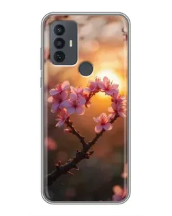 Чехол для TCL 30E с картинкой «Розовый цвет сердце на фоне заката»