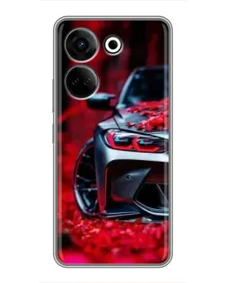 Чехол для TECNO Camon 20 с картинкой «Спортивная BMW и цветы»