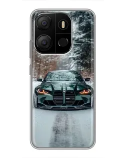 Чехол для TECNO Pop 7 с картинкой «BMW в зимнем лесу»