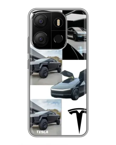Чехол для TECNO Pop 7 с картинкой «Коллаж Cybertruck Tesla»