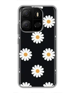 Чохол для TECNO Pop 7 з картинкою «Ромашки на чорному»