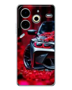 Чехол для TECNO Pova 7 Pro с картинкой «Спортивная BMW и цветы»