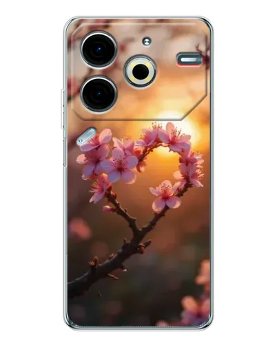 Чохол для TECNO Pova 7 Pro з картинкою «Рожевий цвіт  сердечко на тлі заходу»