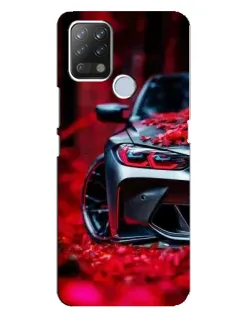 Чехол для TECNO Pova с картинкой «Спортивная BMW и цветы»