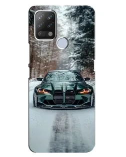 Чехол для TECNO Pova с картинкой «BMW в зимнем лесу»