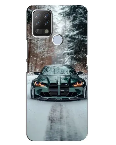 Чехол для TECNO Pova с картинкой «BMW в зимнем лесу»