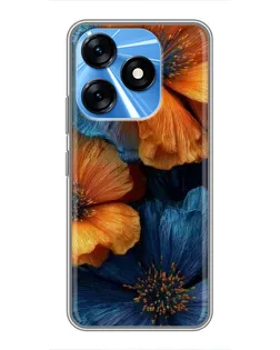 Чехол для TECNO Spark 10 с картинкой «Яркая сине-оранжевая флора»