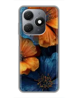 Чехол для TECNO Spark 20 с картинкой «Яркая сине-оранжевая флора»