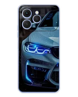 Чехол для TECNO Spark 40 с картинкой «Взгляд BMW с синими фарами»