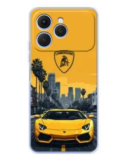 Чехол для TECNO Spark 40 с картинкой «Желтый Lamborghini город»