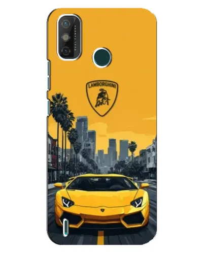 Чехол для TECNO Spark GO (2021) с картинкой «Желтый Lamborghini город»