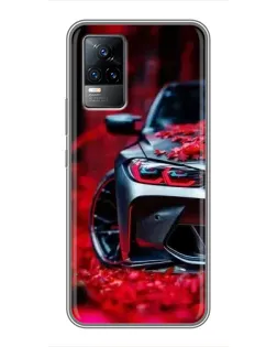 Чехол для Vivo V21 с картинкой «Спортивная BMW и цветы»