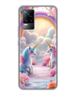 Чехол для Vivo V21 с картинкой «Радуга и единороги»