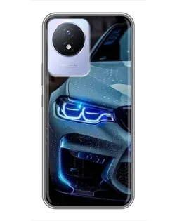 Чехол для Vivo Y02 с картинкой «Взгляд BMW с синими фарами»