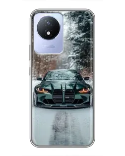 Чехол для Vivo Y02 с картинкой «BMW в зимнем лесу»