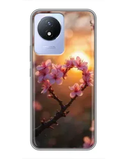 Чехол для Vivo Y02 с картинкой «Розовый цвет сердце на фоне заката»