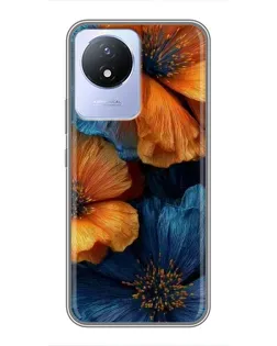 Чехол для Vivo Y02 с картинкой «Яркая сине-оранжевая флора»