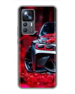 Чехол для Xiaomi 12T Pro с картинкой «Спортивная BMW и цветы»
