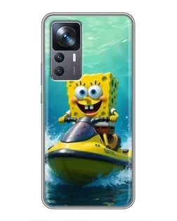 Чехол для Xiaomi 12T с картинкой «Спанч Боб на гидроцикле»