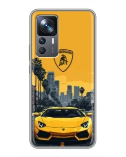 Чехол для Xiaomi 12T с картинкой «Желтый Lamborghini город»