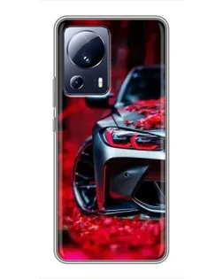 Чехол для Xiaomi 13 Lite с картинкой «Спортивная BMW и цветы»