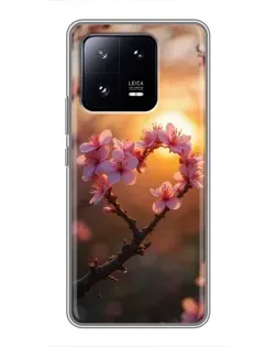 Чохол для Xiaomi 13 Pro з картинкою «Рожевий цвіт  сердечко на тлі заходу»