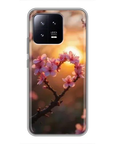 Чохол для Xiaomi 13 з картинкою «Рожевий цвіт  сердечко на тлі заходу»