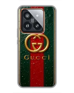 Чехол для Xiaomi 14 Pro с картинкой «Gucci — фирменная полоса и золото» Чехол для Xiaomi 14 Pro с картинкой «Gucci — фирменная полоса и золото»