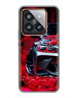 Чехол для Xiaomi 14 Pro с картинкой «Спортивная BMW и цветы»