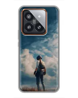 Чехол для Xiaomi 14 Pro с картинкой «Герой PUBG на скале»