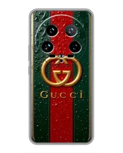 Чехол для Xiaomi 14 Ultra с картинкой «Gucci — фирменная полоса и золото»