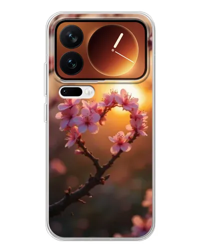 Чохол для Xiaomi 17 Pro з картинкою «Рожевий цвіт  сердечко на тлі заходу»