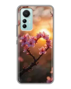 Чохол для Xiaomi Mi 12 Lite з картинкою «Рожевий цвіт  сердечко на тлі заходу»