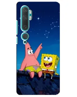 Чехол для Xiaomi Mi Note 10 с картинкой «Губка Боб и Патрик ночью»