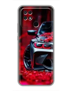 Чехол для Xiaomi POCO C40 с картинкой «Спортивная BMW и цветы»