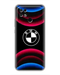 Чехол для Xiaomi POCO C40 с картинкой «Логотип BMW и неоновые дуги»