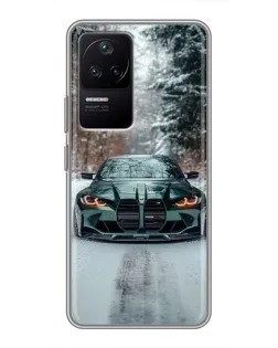 Чехол для Xiaomi POCO F4 (5G) с картинкой «BMW в зимнем лесу»