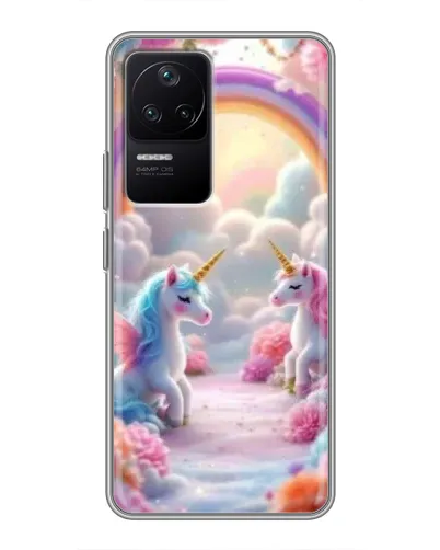 Чехол для Xiaomi POCO F4 (5G) с картинкой «Радуга и единороги»