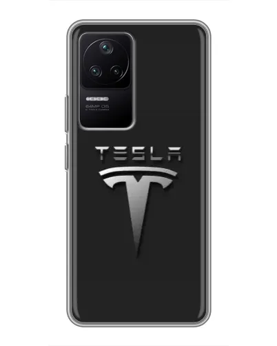 Чехол для Xiaomi POCO F4 (5G) с картинкой «Стальной логотип Tesla»
