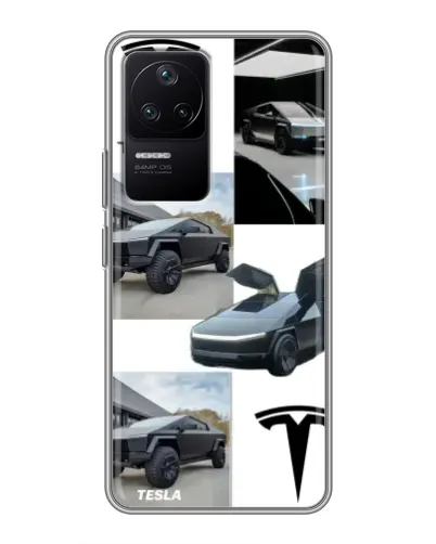 Чехол для Xiaomi POCO F4 (5G) с картинкой «Коллаж Cybertruck Tesla»